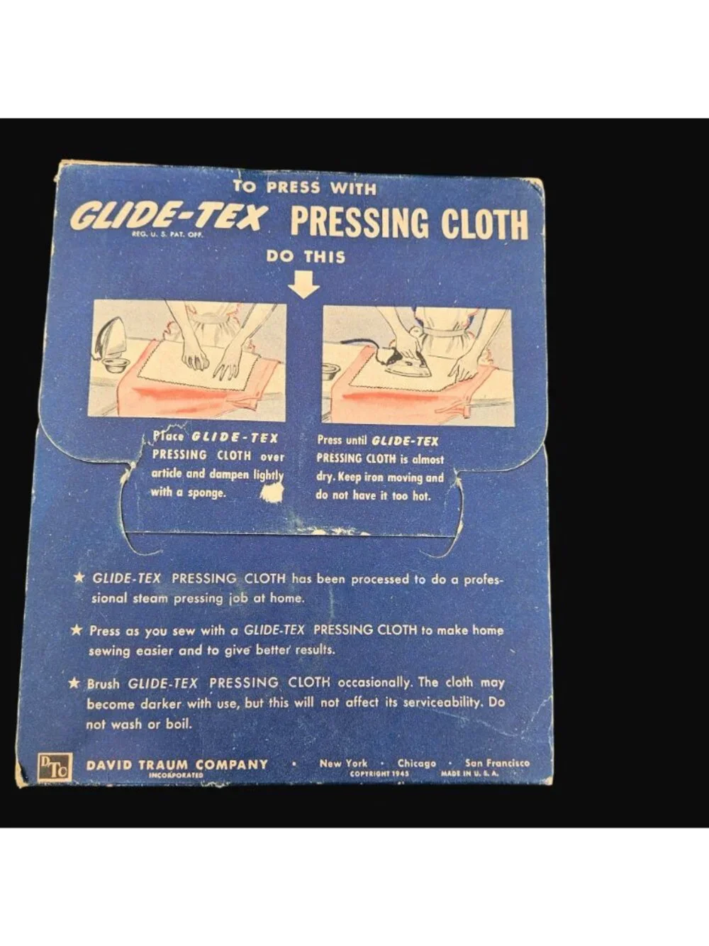Vintage 1945 Sewing Lot Glide-Tex Pressing Cloth Clip-Ons Linen Hankie Transfer